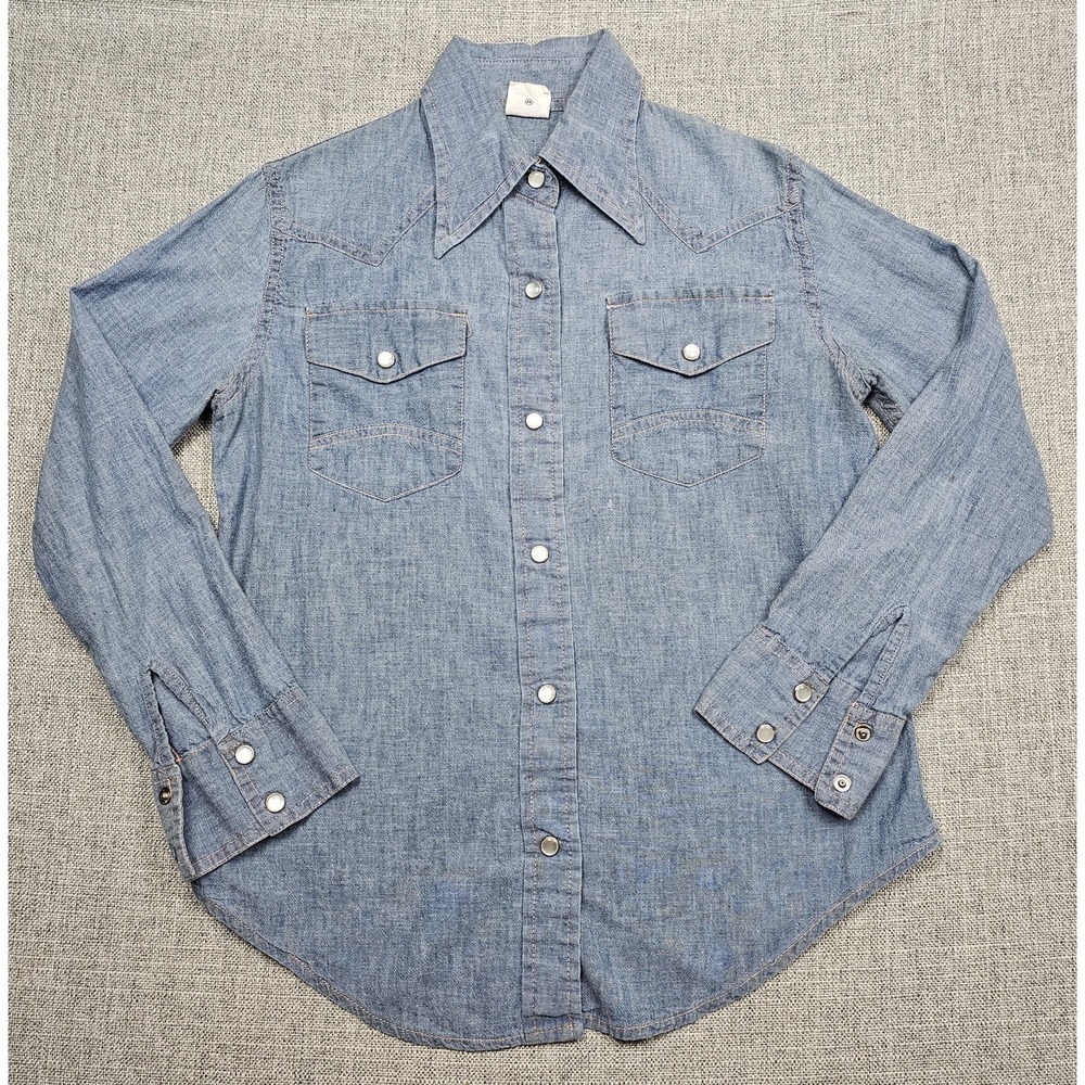 Vintage Western Denim Shirt Womens Medium Sanforized Pearl Snap Cowboy 70s 80s